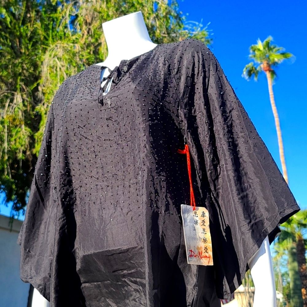 VTG Y2K Da-Nang Silk Kimono Blouse XS Black Beaded Boho Luxe Tunic Top Da Nang - Picture 4 of 13